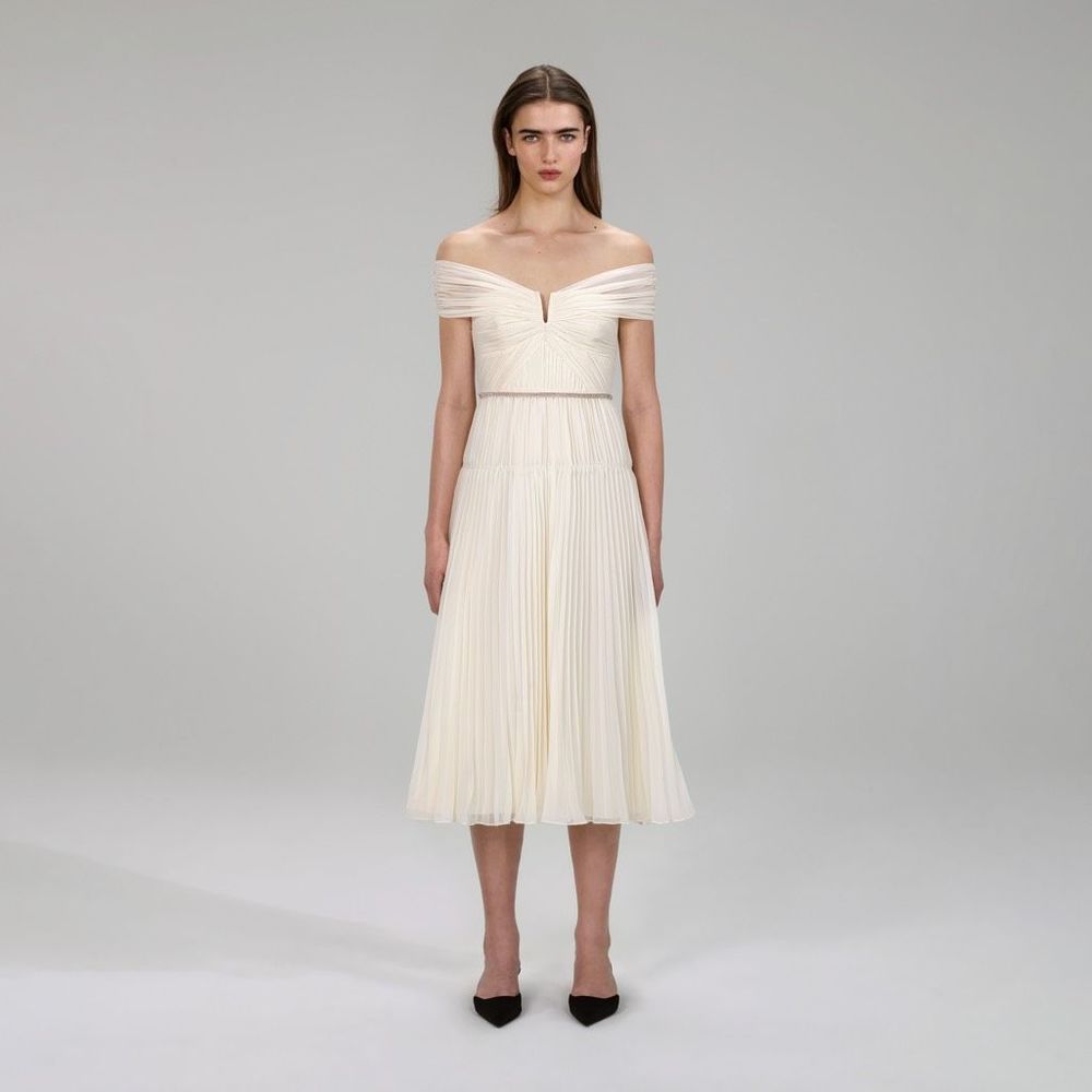 Self-Portrait Ivory Off-Shoulder Pleated Midi Dress